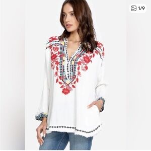 Johnny Was Tunic Top Belvedere Gauze Embroidered V Neck Raw Edge Size XL